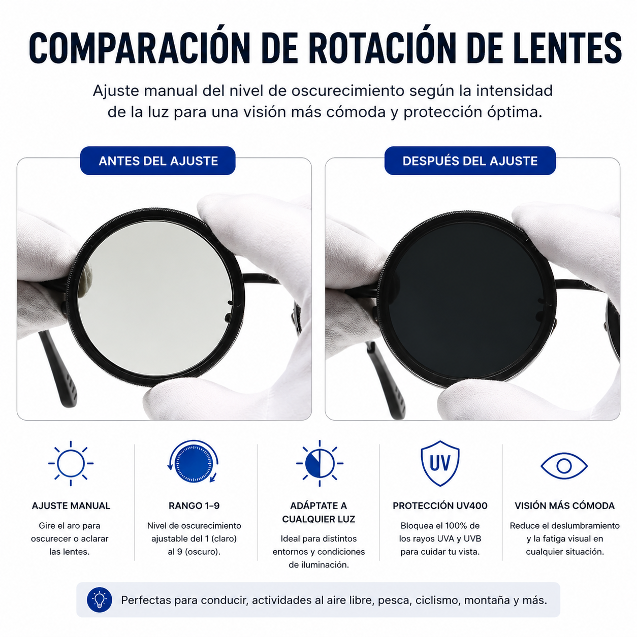 Lentes de Sol ND Variable Ajustable UV400 1-9 Niveles Polarizados
