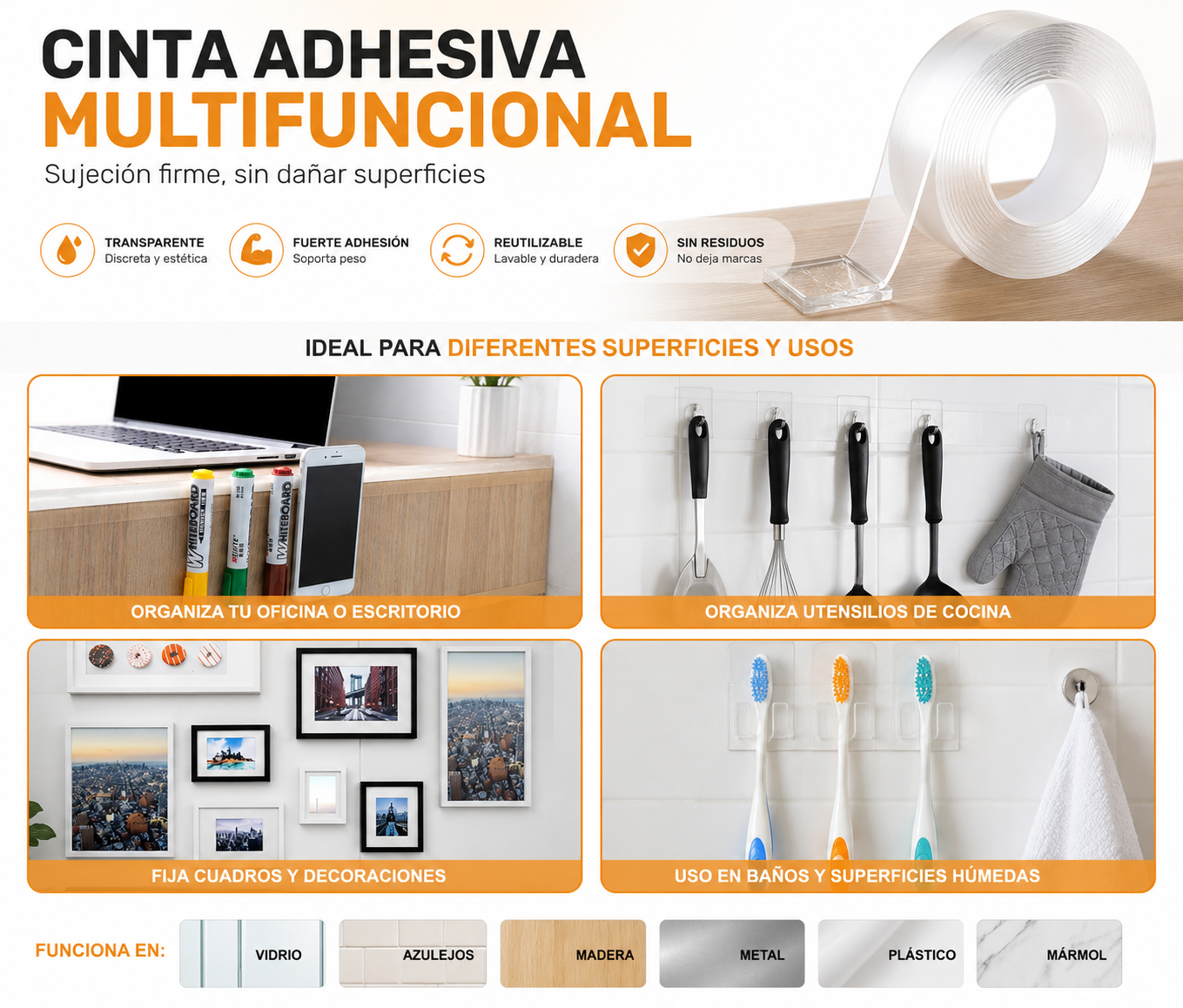 Cinta Adhesiva Multifuncional Transparente Reutilizable – Ultra Fuerte